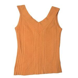 Vintage 90s Y2K Orange Coastal Boho Western Cottagecore Ribbed V-Neck Top L
